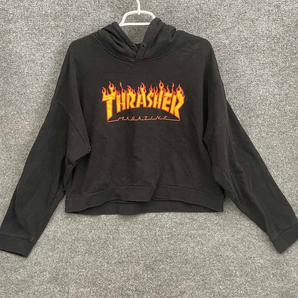 Thrasher Skateboard Magazine Hoodie Women's Sz M Black Cropped Pullover